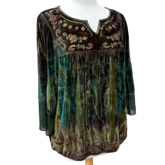 Velvet Embroidered Mesh Babydoll Top Green Artsy Whimsigoth Dark Fairy Grunge-1X - Picture 1 of 16